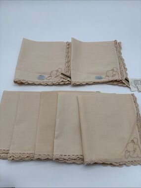 Vintage Deadstock Lot of 7 Cream Cotton Handmade Embroidery Lace Napkins 6x6